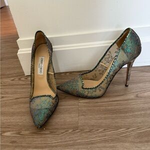 Jimmy Choo Teal and Black Lace Heels